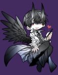  1boy :d black_eyes black_hair black_neckwear black_wings bright_pupils collared_shirt dok-ja_kim eyebrows_visible_through_hair feathered_wings heart highres holding holding_phone horns knees_together_feet_apart long_sleeves male_focus necktie omniscient_reader&#039;s_viewpoint open_mouth pale_skin phone purple_background shirt short_(lout) sideways_glance simple_background smile solo spoilers symbol-shaped_pupils vest white_pupils wings 