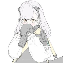  1girl ak-alfa_(girls_frontline) blush eyebrows_visible_through_hair gas_mask girls_frontline jb_ryshamr long_hair solo yellow_eyes 