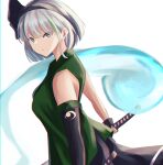  asymmetrical_gloves bare_shoulders black_hairband blue_eyes closed_mouth ear_piercing fingerless_gloves from_side gloves green_vest hairband highres hitodama holding holding_sword holding_weapon katana konpaku_youmu looking_to_the_side piercing shiranui_(wasuresateraito) short_hair silver_hair simple_background sleeveless sword touhou vest weapon white_background 