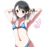  1girl armpits bangs bikini black_hair blue_bikini blue_eyes blush breasts closed_mouth hands_in_hair hirowa_nagi idolmaster idolmaster_cinderella_girls kurihara_nene long_hair looking_at_viewer medium_breasts micro_bikini navel simple_background smile solo sweat swept_bangs swimsuit upper_body wet white_background 