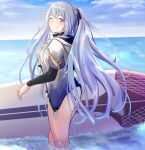  1girl 3_small_spiders absurdres ak-12_(girls_frontline) black_ribbon braid closed_mouth clouds cloudy_sky french_braid girls_frontline hair_ribbon highres hood hooded_jacket jacket long_hair looking_at_viewer one_eye_closed ponytail ribbon short_sleeves silver_hair sky smile solo surfboard very_long_hair wading water white_jacket 