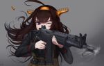  1girl absurdres ahoge alternate_costume assault_rifle black_shirt brown_hair commission double_bun fn_fnc gun hairband headgear highres holding holding_gun holding_weapon hyo kantai_collection kongou_(kancolle) long_hair long_sleeves one_eye_closed remodel_(kantai_collection) rifle shirt solo upper_body violet_eyes weapon 