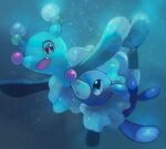  :d blue_eyes brionne commentary_request fang gen_7_pokemon kikuyoshi_(tracco) no_humans open_mouth outstretched_arms pink_pupils pokemon pokemon_(creature) popplio smile tongue underwater 