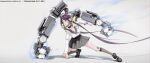  1girl 3d 50mgnicotine absurdres artist_name aura barcode black_choker black_eyes bow brown_legwear choker clenched_hands dated english_text film_grain fingernails grey_footwear grey_skirt hair_bow highres injury long_hair mecha_musume mechanical_arms original parted_lips purple_hair scratches skirt teeth twintails upper_teeth yellow_bow 