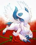  absol claws commentary_request flower full_body gen_3_pokemon kikuyoshi_(tracco) looking_at_viewer lying no_humans on_stomach pokemon pokemon_(creature) red_eyes red_flower solo white_fur 