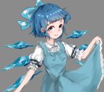  1girl bangs blue_bow blue_dress blue_eyes bow cirno clothes_lift collared_shirt detached_wings dress dress_lift hair_behind_ear hair_bow ice ice_wings puffy_sleeves shirt short_hair sketch solo touhou v- white_shirt wings 