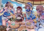  4girls ahoge bangs barbara_(genshin_impact) barbara_(summertime_sparkle)_(genshin_impact) beach blue_eyes blue_sky blurry bow cabbie_hat choker clouds cloudy_sky coat commentary cup depth_of_field detached_sleeves drill_hair drink drinking_glass english_commentary eyebrows_visible_through_hair finger_to_head flower food genshin_impact hair_between_eyes hair_bow hair_flower hair_ornament hair_ribbon hat hat_feather hat_ornament highres holding holding_food horizon island jean_(genshin_impact) jean_(sea_breeze_dandelion)_(genshin_impact) jumpy_dumpty klee_(genshin_impact) kneeling light_brown_eyes light_brown_hair long_hair long_sleeves looking_at_another low_twintails lumine_(genshin_impact) multiple_girls ocean pizza plate pointy_ears ponytail ribbon scarf short_hair sidelocks skaditya skewer sky steak sweatdrop telekinesis toast twin_drills twintails 