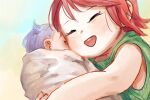  2girls baby bang_dream! child closed_eyes commentary_request green_sweater highres holding_baby hug medium_hair multiple_girls nichiju_(you) open_mouth purple_hair redhead ribbed_sweater short_hair siblings sisters sleeveless sleeveless_sweater smile sweater udagawa_ako udagawa_tomoe younger 