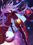  1girl blue_hair bodysuit breasts cloak facial_mark fate/grand_order fate_(series) forehead_mark fur-trimmed_cloak fur_trim highres horns ishtar_(fate) ishtar_(fate)_(all) long_hair looking_at_viewer multicolored_hair orange_bodysuit pink_hair red_bodysuit red_cloak ringed_eyes small_breasts solo space space_ishtar_(fate) spikes star-shaped_pupils star_(symbol) swdrk symbol-shaped_pupils two-tone_hair two_side_up very_long_hair yellow_eyes 