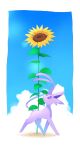  border closed_mouth clouds commentary_request day espeon flower from_side gen_2_pokemon highres kikuyoshi_(tracco) looking_up no_humans outdoors pokemon pokemon_(creature) sky solo standing sunflower violet_eyes white_border 