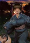  1girl animal_ears bangs blue_kimono blunt_bangs blush breasts brown_hair closed_eyes clouds cloudy_sky cowboy_shot gesogeso grass highres japanese_clothes kimono large_breasts open_mouth original outdoors print_kimono sky sleeves_past_wrists smile tail 