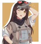  1girl act_(xadachit) breasts brown_hair girls_frontline girls_frontline_2:_exilium goggles goggles_on_head highres long_hair mayling_shen_(girls_frontline_2) medium_breasts scarf short_sleeves simple_background sweat wrench 