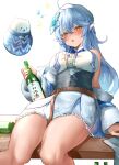  1girl ahoge alcohol bare_legs belt beret blue_hair blush bottle corset daifuku_(yukihana_lamy) drunk flower hair_flower hair_ornament hat highres hololive jacket jacket_partially_removed long_hair off_shoulder open_mouth pointy_ears sake sake_bottle sitting thighs virtual_youtuber white_background yamada_(iroha97151188) yellow_eyes yukihana_lamy 