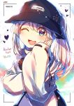  1girl ;3 bangs blue_eyes blush bucket_hat hat heart japanese_clothes kariginu long_hair looking_at_viewer mononobe_no_futo name_tag one_eye_closed open_mouth pom_pom_(clothes) ponytail recording ribbon-trimmed_sleeves ribbon_trim silver_hair simple_background smile timestamp touhou 