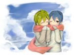  2boys blue_eyes blue_hair closed_eyes clouds covered_mouth eyes_closed gloves green_hair hair_between_eyes happy male one_eye_closed scarf smile source_request upper_body 