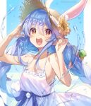  1girl :d animal_ears blue_hair blue_ribbon braid breasts brown_eyes brown_headwear bunny-shaped_pupils carrot_hair_ornament dress eyebrows_visible_through_hair flower flower_hat food-themed_hair_ornament hair_between_eyes hair_ornament hands_up hat highres hololive long_hair looking_at_viewer open_mouth rabbit_ears ribbon shuri_(84k) sleeveless sleeveless_dress small_breasts smile solo straw_hat sundress sunflower teeth thick_eyebrows twin_braids upper_teeth usada_pekora virtual_youtuber white_dress 