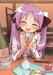  1girl bangs blush bottle brown_ribbon chopsticks closed_eyes cup elbow_rest food hair_ribbon highres hiiragi_kagami holding holding_cup hotaru_iori indoors long_hair long_sleeves looking_at_viewer lucky_star open_mouth pov purple_hair restaurant ribbon shirt solo table twintails white_shirt 