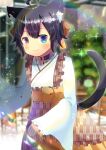 ahoge animal_ear_fluff animal_ears apron bangs bat_hair_ornament black_collar black_hair blue_eyes blurry blurry_background blush bow brown_apron brown_bow brown_eyes brown_skirt cat_ears cat_tail closed_mouth collar commentary_request depth_of_field eyebrows_visible_through_hair fang fang_out frilled_apron frilled_sleeves frills hair_bow hair_ornament heterochromia japanese_clothes kimono kou_hiyoyo lens_flare long_sleeves looking_at_viewer original pleated_skirt skirt sleeves_past_fingers sleeves_past_wrists smile tail tail_raised white_kimono wide_sleeves yagasuri 