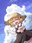  1girl :d ^_^ black_skirt black_vest blonde_hair blue_sky brown_headwear closed_eyes clouds cowboy_shot dutch_angle eyebrows_visible_through_hair facing_viewer hat highres light_particles open_mouth outdoors pig rokugou_daisuke rumia shirt short_hair short_sleeves skirt sky smile standing straw_hat touhou touhou_cannonball vest white_shirt 