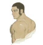  1boy bare_shoulders black_eyes citatappu facial_hair golden_kamuy looking_to_the_side male_focus muscular muscular_male short_hair sideburns simple_background solo stubble tanigaki_genjirou thick_eyebrows upper_body white_background 