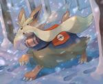  claws commentary_request dog footprints gen_5_pokemon grey_eyes highres kikuyoshi_(tracco) looking_to_the_side no_humans outdoors pokemon pokemon_(creature) snow snowing solo stoutland tree 