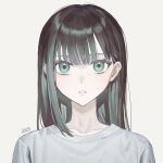  1girl absurdres bangs black_hair collarbone commentary_request expressionless green_eyes grey_background grey_shirt highres long_hair looking_at_viewer original parted_lips portrait shirt simple_background solo teeth torino_kawazu 