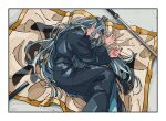  1boy black_robe blanket feet_out_of_frame grey_hair hands_up lanxi_zhen long_hair long_sleeves looking_at_viewer otjmohu profile solo sword the_legend_of_luo_xiaohei very_long_hair weapon wuxian_(the_legend_of_luoxiaohei) 