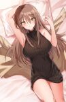  1girl bed_sheet breasts brown_hair brown_sweater dress eyebrows_visible_through_hair hair_between_eyes highres jewelry kinona large_breasts long_hair looking_at_viewer lying necklace on_back original pillow solo sweater sweater_dress thighs yellow_eyes 