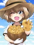  1girl ;d bag bangs blonde_hair blue_eyes blue_sky bob_cut brown_headwear clouds cloudy_sky commentary day dirty dirty_clothes dirty_face eyebrows_visible_through_hair fang food girls_und_panzer gloves hat highres holding holding_bag holding_food holding_vegetable katyusha_(girls_und_panzer) key_(gaigaigai123) looking_at_viewer one_eye_closed open_mouth outdoors paper_bag potato shirt short_hair short_sleeves sky smile solo sparkle straw_hat sweat t-shirt upper_body vegetable white_gloves white_shirt 