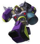  1boy absurdres beard clenched_hand constructicon construction_worker decepticon drum_(container) facial_hair highres jeetdoh mecha mixmaster oil red_eyes running transformers transformers_animated white_background 
