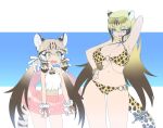 2girls animal_ears animal_print arm_behind_head arm_up armpits bare_arms bare_shoulders bikini blonde_hair breasts brown_hair cat_ears cat_girl cat_tail cheetah_(kemono_friends) cheetah_ears cheetah_print cheetah_tail colored_inner_hair cuffs dated extra_ears eyebrows_visible_through_hair eyewear_on_head fang fangs furrowed_brow geoffroy&#039;s_cat_(kemono_friends) grey_hair hair_ribbon hand_on_hip height_difference innertube kemono_friends large_breasts long_hair looking_at_another multicolored_hair multiple_girls navel one-piece_swimsuit open_mouth pose print_bikini ribbon sidelocks signature smile sparkle standing stomach sunglasses swimsuit tail twintails two-tone_hair very_long_hair yellow_eyes yoshida_hideyuki 