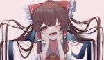  1girl ascot bangs bare_shoulders blush bow brown_hair commentary_request detached_sleeves eyebrows_visible_through_hair frilled_bow frills hair_bow hair_tubes hakurei_reimu highres long_hair looking_at_viewer one_eye_closed open_mouth red_bow red_eyes ribbon-trimmed_sleeves ribbon_trim sidelocks simple_background solo touhou tsune_(tune) upper_body yellow_neckwear 