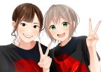  2girls aoba_moca bang_dream! bangs black_shirt brown_eyes brown_hair elu_pom eyelashes green_eyes grin highres long_hair matching_outfit misawa_sachika multiple_girls real_life selfie shirt short_hair signature silver_hair smile t-shirt upper_body v voice_actor voice_actor_connection white_background 