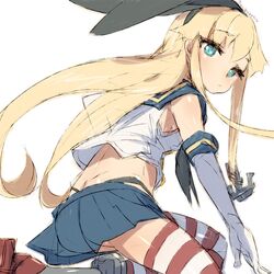  1girl alchera anchor_hair_ornament black_hairband black_neckwear black_panties blonde_hair blue_sailor_collar blue_skirt crop_top elbow_gloves from_behind gloves grey_eyes hair_ornament hairband highleg highleg_panties kantai_collection long_hair looking_at_viewer microskirt miniskirt neckerchief panties pleated_skirt revision sailor_collar shimakaze_(kancolle) simple_background skirt solo striped striped_legwear thigh-highs underwear white_background white_gloves 