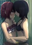  2girls akaza_akari bikini black_bikini black_hair blush breasts brown_eyes closed_mouth collarbone commentary double_bun eye_contact face-to-face frilled_bikini frills from_side funami_yui hand_on_another&#039;s_cheek hand_on_another&#039;s_face highres looking_at_another multiple_girls open_mouth profile red_eyes redhead shadow short_hair small_breasts swimsuit tennosuke_(tejons) wet yuri yuru_yuri 