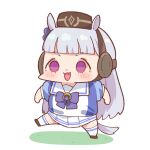  1girl :3 :d animal_ears bangs blue_shirt blunt_bangs blush bow bowtie chibi full_body gold_ship_(umamusume) grey_hair horse_ears horse_tail long_hair miniskirt open_mouth pillbox_hat pleated_skirt puffy_short_sleeves puffy_sleeves purple_bow purple_neckwear shirt short_sleeves simple_background skirt smile solo standing standing_on_one_leg tail takato_kurosuke umamusume violet_eyes white_background white_skirt 