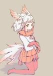  1girl bangs bird_girl bird_tail bird_wings bird_witch commentary_request elbow_gloves eyebrows_visible_through_hair frilled_sleeves frills fur_collar gloves highres japanese_crested_ibis_(kemono_friends) kemono_friends kneeling long_sleeves multicolored_hair neck_ribbon no_shoes pantyhose pleated_skirt red_fur red_gloves red_legwear red_neckwear red_skirt redhead ribbon shirt short_hair sidelocks skirt solo tail white_hair white_shirt wings yellow_eyes 