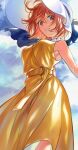  1girl bare_shoulders breasts commentary_request dress eyebrows_visible_through_hair fate/grand_order fate_(series) fujimaru_ritsuka_(female) hair_between_eyes hat highres looking_at_viewer orange_eyes orange_hair outdoors parted_lips short_hair sleeveless solo teeth uni_(nico02) 