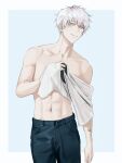  0cat 1boy abs absurdres black_pants blue_background blue_eyes border collarbone commentary_request cowboy_shot gojou_satoru highres jujutsu_kaisen male_focus navel pants parted_lips shirt shirt_removed shirtless short_hair simple_background smile solo tattoo toned toned_male very_short_hair white_border white_hair white_shirt 
