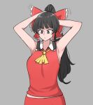  1girl armpits arms_up ascot black_hair bow cowboy_shot english_commentary eyebrows_visible_through_hair frilled_bow frilled_hair_tubes frilled_shirt_collar frills grey_background hair_bow hair_tubes hakurei_reimu highres mata_(matasoup) motion_lines ponytail red_bow red_shirt red_skirt red_vest shirt simple_background skirt sleeveless solo touhou tying_hair vest wide_hips yellow_neckwear 