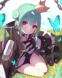  1girl bangs blush bug butterfly chain crown double_bun eyebrows_visible_through_hair green_hair hair_ornament highres hololive insect looking_at_viewer necromancer official_alternate_costume red_eyes solo uruha_rushia virtual_youtuber 