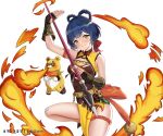  1girl arm_up armpits bangs bell black_hair blunt_bangs brown_gloves chili_pepper chinese_clothes commentary_request eyebrows_visible_through_hair eyes_visible_through_hair fingerless_gloves fire genshin_impact gloves guoba_(genshin_impact) head_tilt holding holding_polearm holding_spear holding_weapon long_hair looking_at_viewer polearm red_panda sidelocks simple_background smile spear sylphy_(user_nngk5244) thick_eyebrows weapon white_background xiangling_(genshin_impact) yellow_eyes 