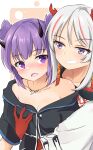  2girls arknights bangs bare_shoulders black_shirt blush chinese_commentary clenched_teeth commentary_request eyebrows_visible_through_hair gu_yue_wu_ying highres horns jewelry lava_(arknights) looking_at_another multicolored_hair multiple_girls necklace nian_(arknights) nose_blush off-shoulder_shirt off_shoulder open_mouth purple_hair redhead shirt short_hair short_sleeves silver_hair streaked_hair teeth upper_body violet_eyes yuri 