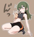  1girl bike_shorts black_shorts blush bubble_tea bubble_tea_challenge commentary eyebrows_visible_through_hair failure flat_chest green_eyes green_hair hair_down highres igarashi_futaba_(shiromanta) medium_hair meme midriff navel senpai_ga_uzai_kouhai_no_hanashi shiromanta shorts singlet socks solo spilling squatting surprised tearing_up thighs 