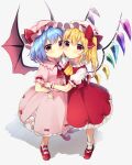  2girls absurdres bangs bat_wings blonde_hair blue_hair blush bobby_socks bow brooch cheek-to-cheek commentary_request cravat crystal flandre_scarlet full_body grey_background hand_on_another&#039;s_waist hand_on_hip hat hat_bow highres jewelry long_hair mary_janes medium_hair multiple_girls one_side_up pink_headwear pink_legwear pink_shirt pink_skirt red_bow red_eyes red_footwear red_neckwear red_skirt remilia_scarlet ruhika shirt shoes siblings sisters skirt sock_bow socks touhou white_headwear white_legwear white_shirt wings wrist_cuffs yellow_neckwear 