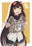  1girl act_(xadachit) brown_hair girls_frontline girls_frontline_2:_exilium gloves goggles goggles_on_head highres long_hair mayling_shen_(girls_frontline_2) scarf short_sleeves shorts side_ponytail simple_background yellow_eyes 