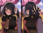  2girls bangs biting black_hair blurry blurry_background blush bodysuit breasts bridal_gauntlets closed_mouth commentary el0isaa english_commentary genshin_impact gloves hand_on_another&#039;s_head hand_on_own_cheek hand_on_own_face highres holding_hands kujou_sara large_breasts lip_biting looking_at_viewer multiple_girls multiple_views open_mouth pov pov_hands raiden_(genshin_impact) short_hair tree yellow_eyes yuri 