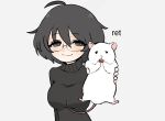  04119_snail 1girl animal black_eyes black_hair black_sweater breasts closed_mouth eyebrows_visible_through_hair glasses highres holding holding_animal looking_at_viewer medium_breasts original rat smug solo sweater turtleneck turtleneck_sweater 