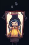  black_background black_dress blue_hair button_eyes coraline coraline_jones covered_face darkness dress head_out_of_frame holding_portrait koto_inari long_arms looking_at_viewer other_mother portrait_(object) puffy_short_sleeves puffy_sleeves scared short_sleeves skinny yellow_raincoat 