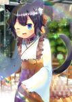  ;d ahoge animal_ear_fluff animal_ears apron bangs bat_hair_ornament black_collar black_hair blue_eyes blurry blurry_background blush bow brown_apron brown_bow brown_skirt cat_ears cat_tail collar depth_of_field eyebrows_visible_through_hair fang frilled_apron frilled_sleeves frills hair_bow hair_ornament japanese_clothes kimono kou_hiyoyo lens_flare long_sleeves looking_at_viewer one_eye_closed open_mouth original pleated_skirt skirt sleeves_past_fingers sleeves_past_wrists smile tail tail_raised white_kimono wide_sleeves yagasuri 